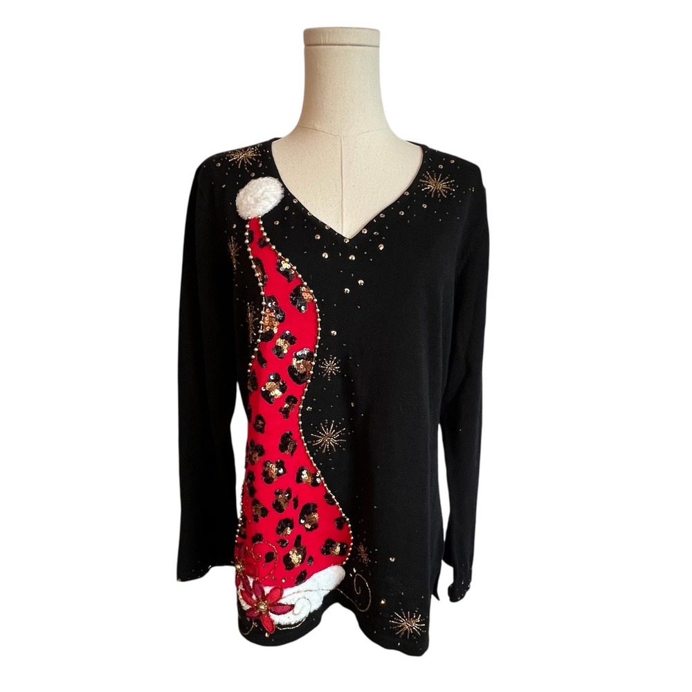 Berek Black Christmas Sweater Santa Hat‎ Leopard Sequin Beaded V-Neck Women's L
